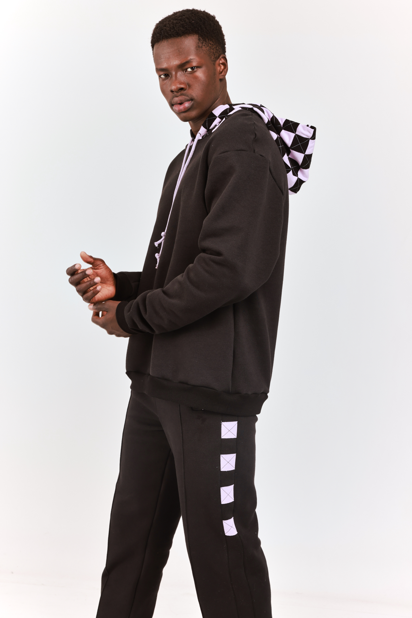 Checkered Hooded Sweatshirt Black with Lilac squares