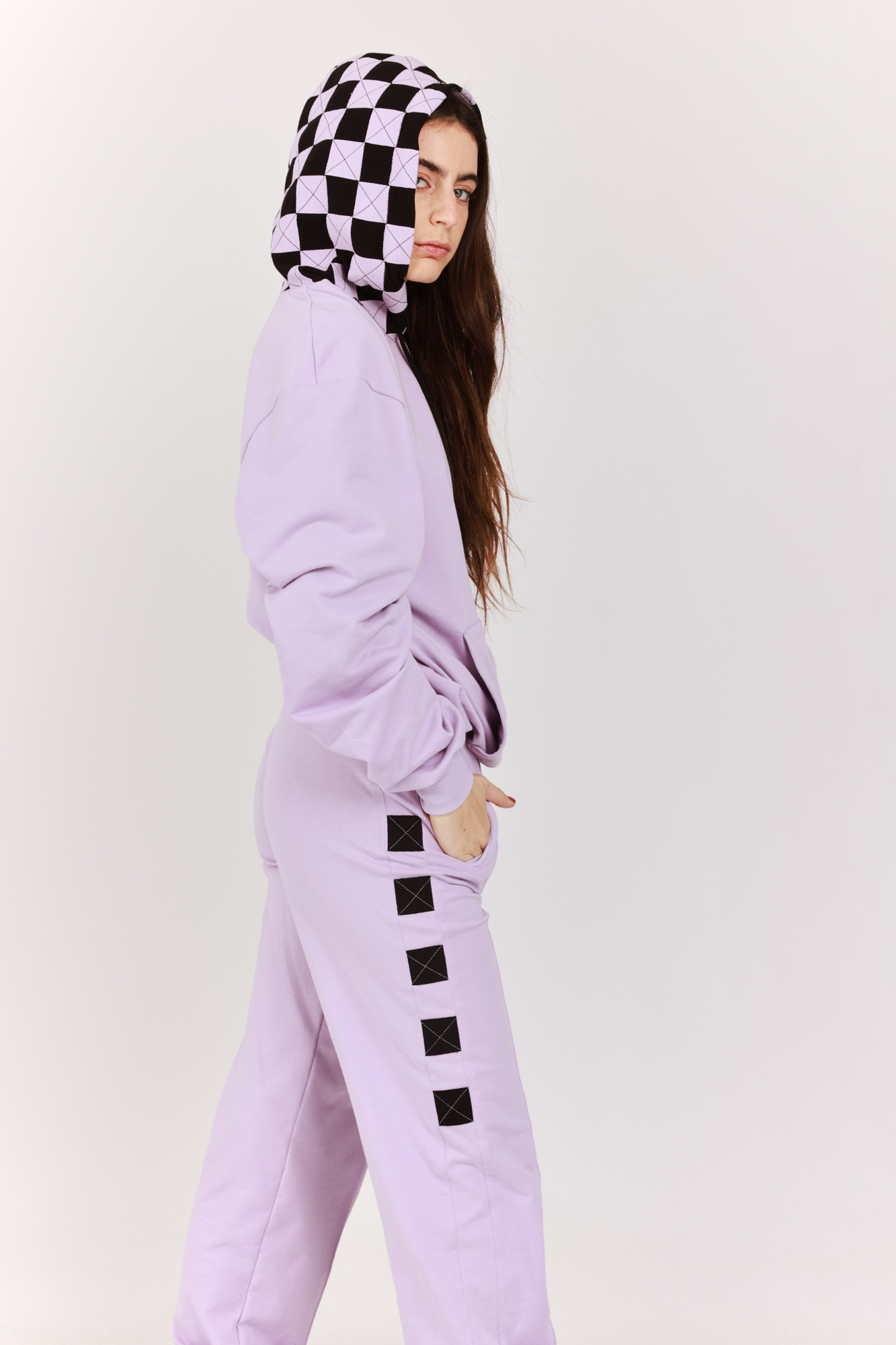 Checkered Hooded Sweatshirt Lilac with Black squares