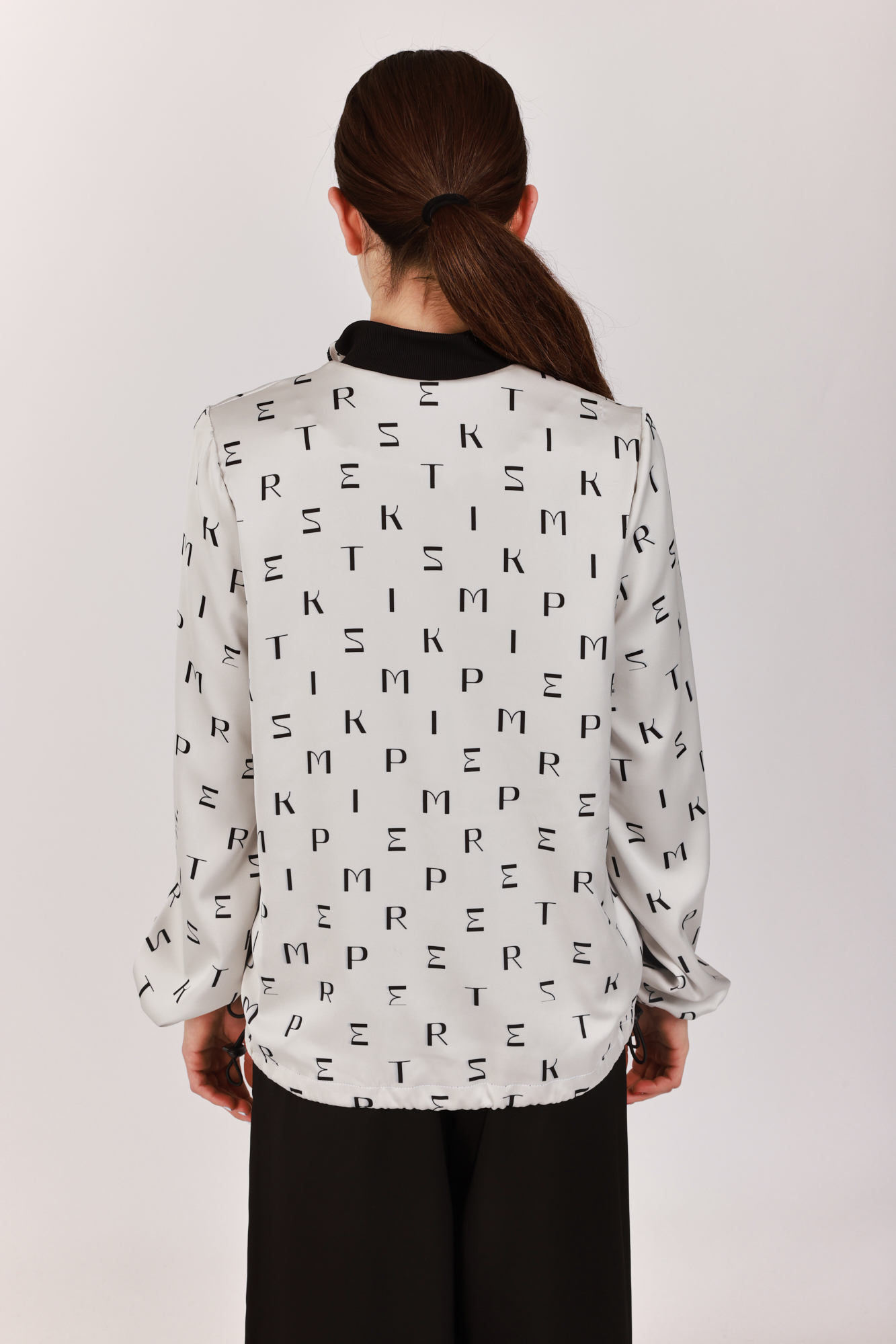 Printed Satin Bomber Jacket Silver Gray with Black